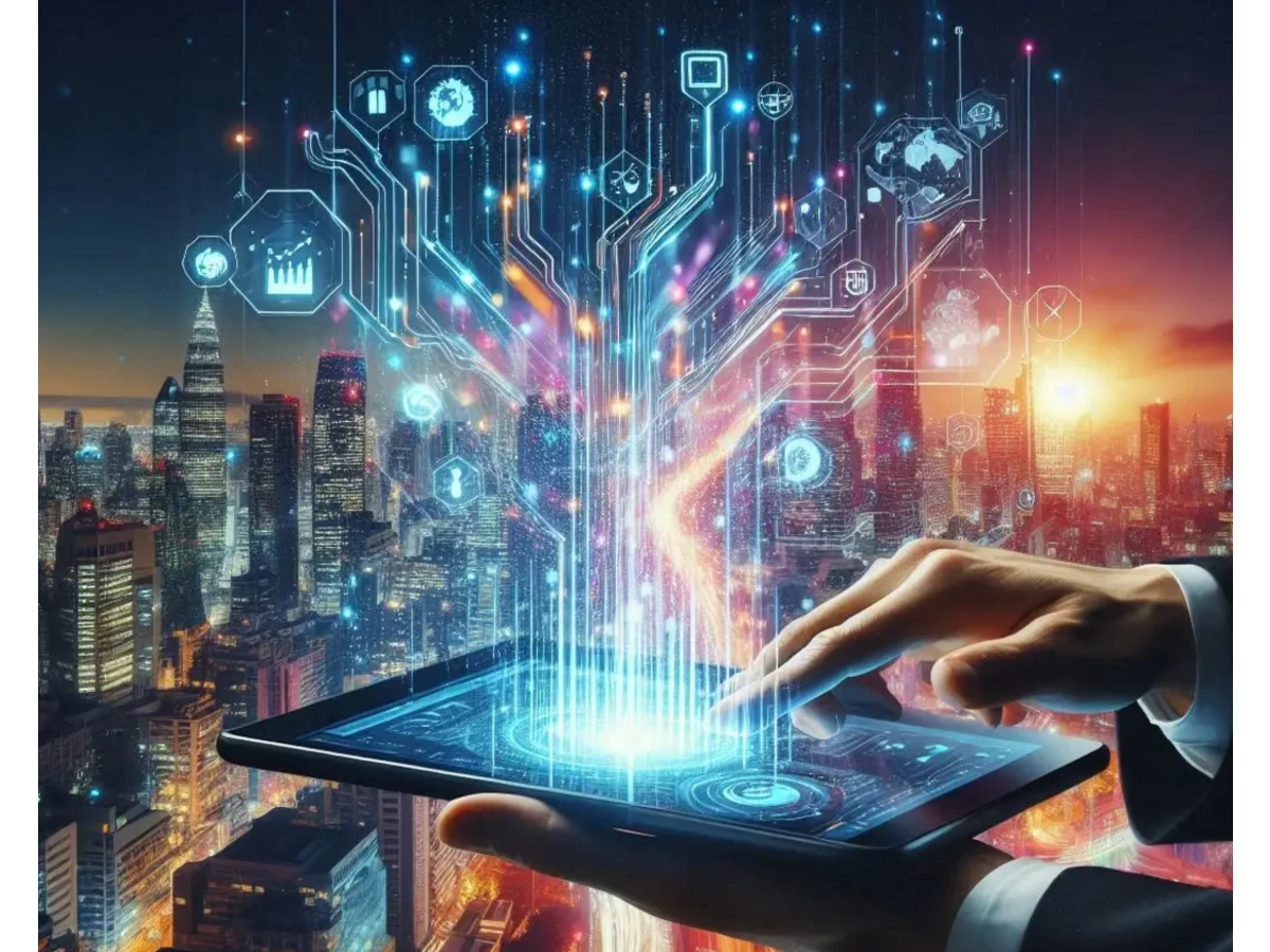 Professional's hands interacting with a glowing tablet that projects charts and data patterns over a cityscape, illustrating control and the achievement of AI-driven ROI using the Prompt Power-Up Playbook.
