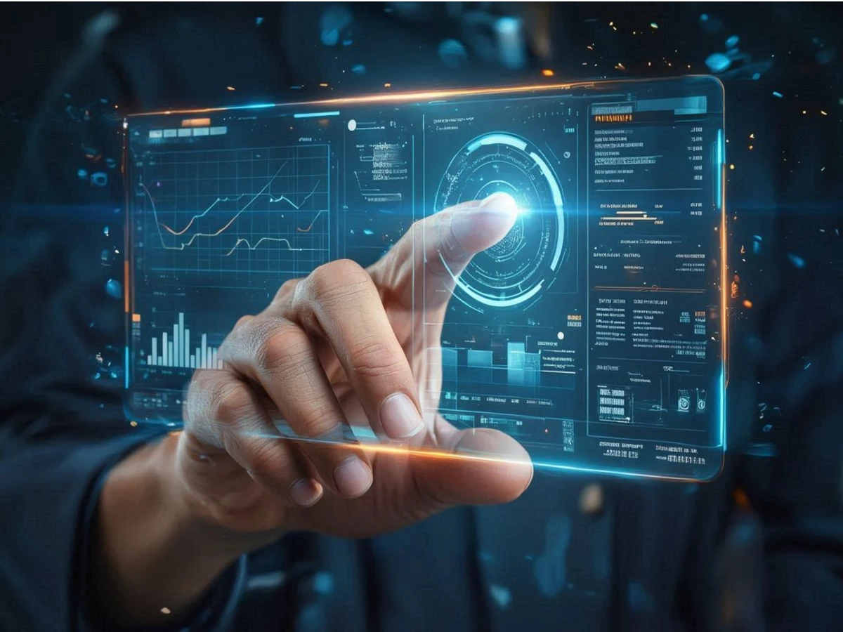 Close-up of a professional's hand interacting with a glowing holographic screen that displays clean, precise AI-generated data charts and structured text.